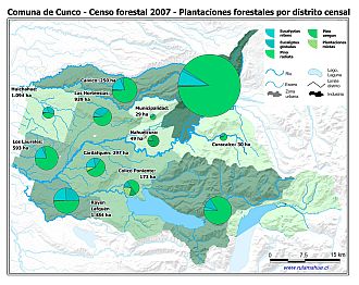 Mapa con gráficos de torta que muestran los diferentes tipos de arboles plantados por distrito censal
