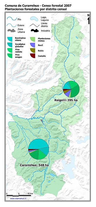 Mapa con gráficos de torta que muestran los diferentes tipos de arboles plantados por distrito censal