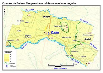 Mapa de las isotermas de las temperaturas mínimas de julio
