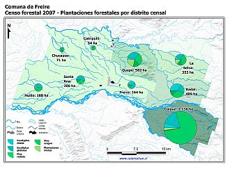 Mapa con gráficos de torta que muestran los diferentes tipos de arboles plantados por distrito censal