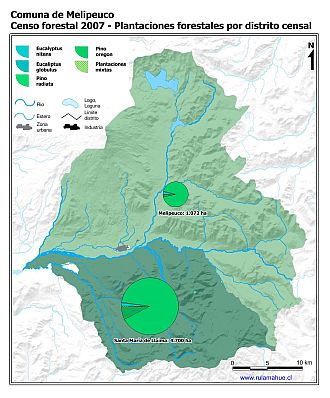 Mapa con gráficos de torta que muestran los diferentes tipos de arboles plantados por distrito censal