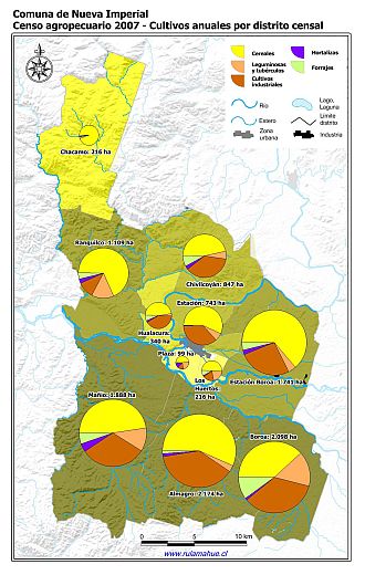 Mapa con gráficos de torta que muestran los diferentes tipos de cultivos anuales por distrito censal