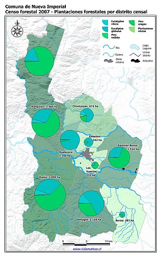 Mapa con gráficos de torta que muestran los diferentes tipos de arboles plantados por distrito censal