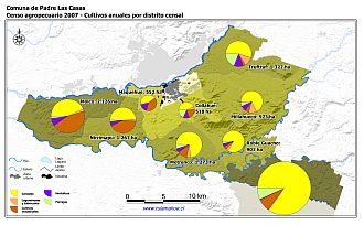 Mapa con gráficos de torta que muestran los diferentes tipos de cultivos anuales por distrito censal