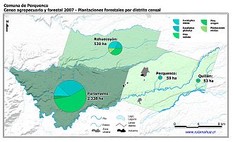 Mapa con gráficos de torta que muestran los diferentes tipos de arboles plantados por distrito censal