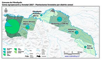 Mapa con gráficos de torta que muestran los diferentes tipos de arboles plantados por distrito censal