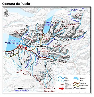 Mapa de la comuna de Pucón con fondo blanco sombreado