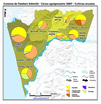 Mapa con gráficos de torta que muestran los diferentes tipos de cultivos anuales por distrito censal