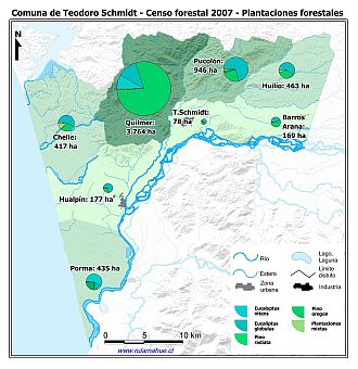 Mapa con gráficos de torta que muestran los diferentes tipos de arboles plantados por distrito censal