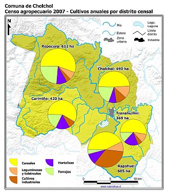 Mapa con gráficos de torta que muestran los diferentes tipos de cultivos anuales por distrito censal