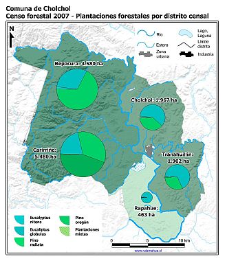 Mapa con gráficos de torta que muestran los diferentes tipos de arboles plantados por distrito censal