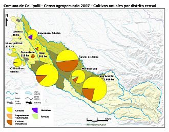 Mapa con gráficos de torta que muestran los diferentes tipos de cultivos anuales por distrito censal