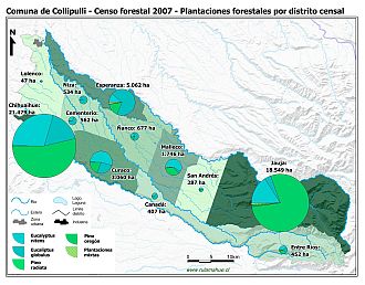 Mapa con gráficos de torta que muestran los diferentes tipos de arboles plantados por distrito censal
