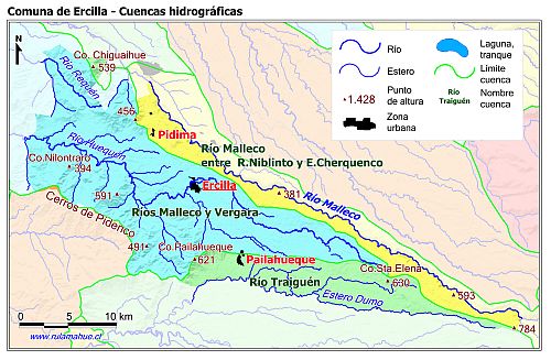 Mapa con de las cuencas hidrográficas de la comunas