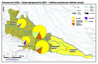Mapa con gráficos de torta que muestran los diferentes tipos de cultivos anuales por distrito censal
