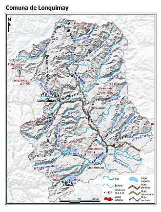 Mapa de la comuna de Lonquimay con fondo blanco sombreado