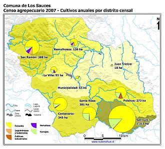 Mapa con gráficos de torta que muestran los diferentes tipos de cultivos anuales por distrito censal