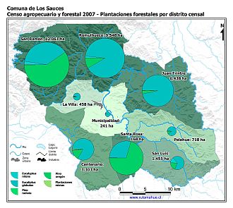 Mapa con gráficos de torta que muestran los diferentes tipos de arboles plantados por distrito censal