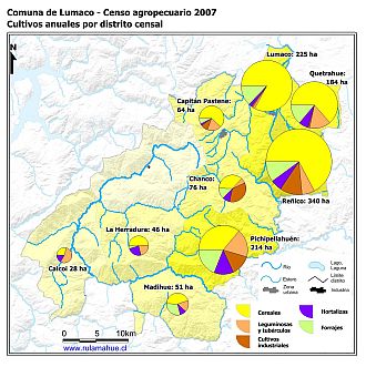 Mapa con gráficos de torta que muestran los diferentes tipos de cultivos anuales por distrito censal