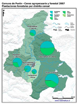 Mapa con gráficos de torta que muestran los diferentes tipos de arboles plantados por distrito censal
