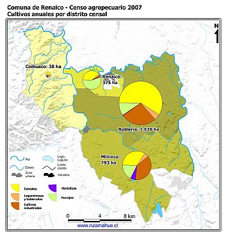 Mapa con gráficos de torta que muestran los diferentes tipos de cultivos anuales por distrito censal