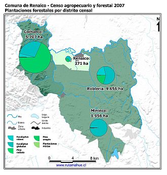 Mapa con gráficos de torta que muestran los diferentes tipos de arboles plantados por distrito censal