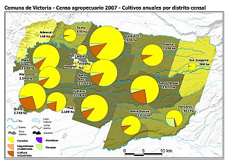 Mapa con gráficos de torta que muestran los diferentes tipos de cultivos anuales por distrito censal