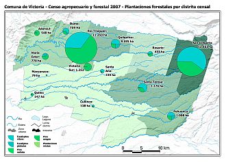 Mapa con gráficos de torta que muestran los diferentes tipos de arboles plantados por distrito censal