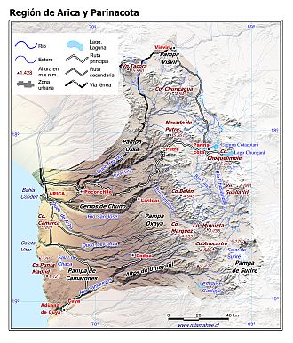 Mapa de la Región de Arica y Parinacota con fondo coloreado