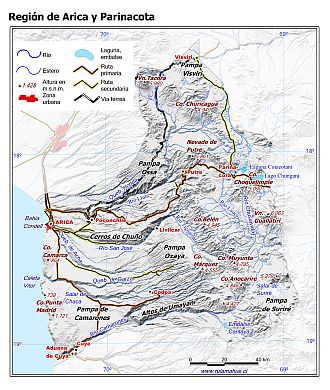 Mapa de la Región de Arica y Parinacota con fondo blanco sombreado