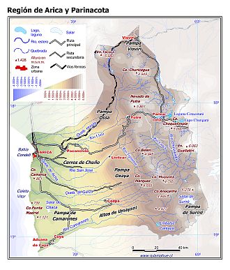 Mapa de la Región de Arica y Parinacota con fondo coloreado según nivel de altura
