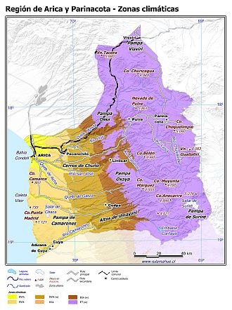 Mapa con las zonas climáticas de la Región de Arica y Parinacota