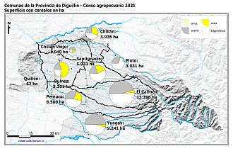 Mapa con gráficos de torta por comuna que muestran la composición de las superficies con cereales