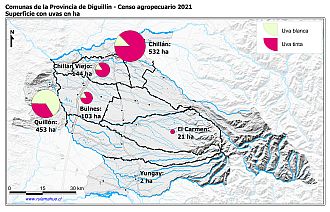Mapa con gráficos de torta por comuna que muestran la composición de las superficies con uvas