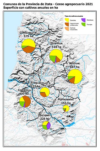 Mapa con gráficos de torta por comuna que muestran la composición de los cultivos anuales